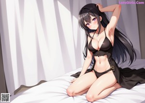 Anime girl in a pink bikini standing in front of a door.