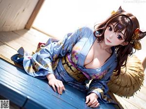 A woman in a blue kimono sitting on a wooden bench.