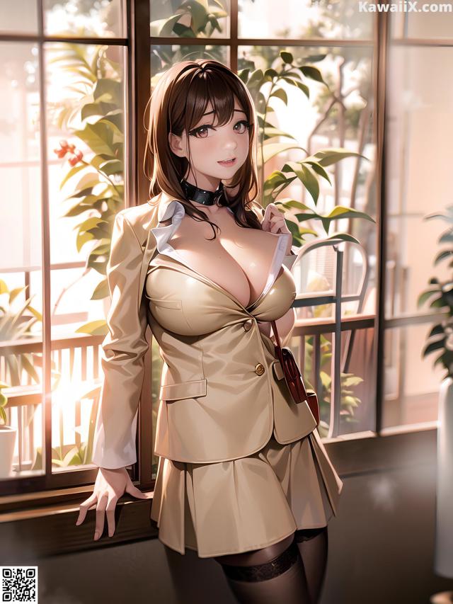 A woman in a beige suit is posing by a window.