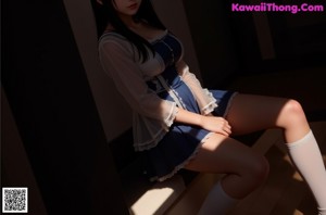 A woman in a blue and white dress sitting on a bed.