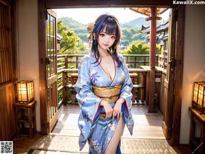 A woman in a kimono sitting on a wooden bench.