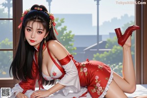 A woman in a red and white dress posing for a picture.