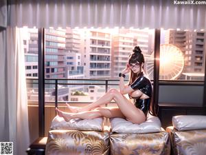 A woman sitting on top of a red chair.