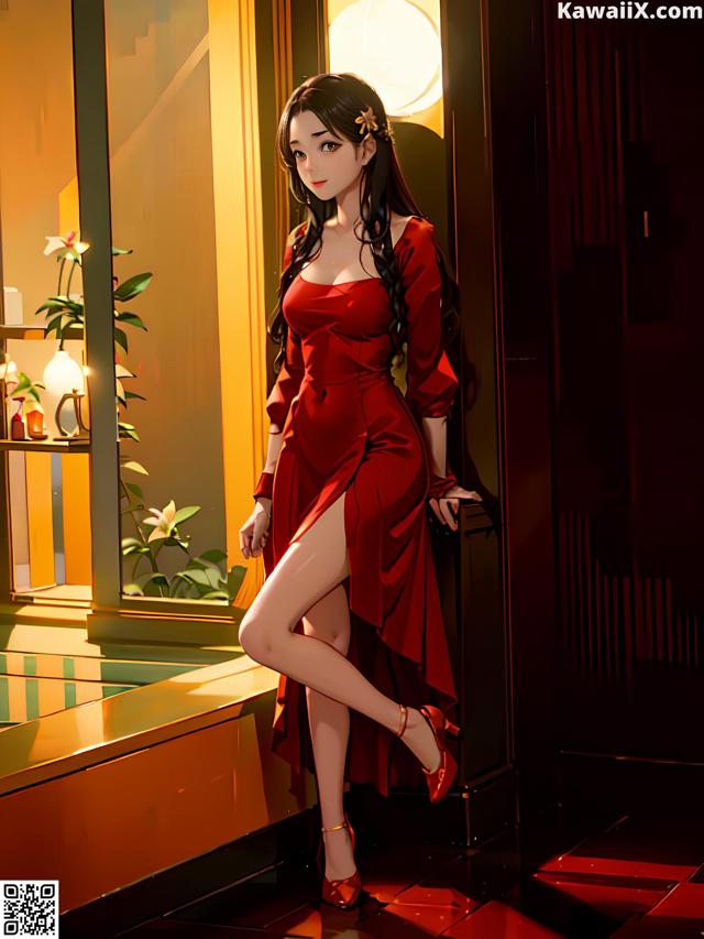 A woman in a red dress standing in front of a window.