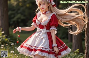 A woman in a red and white dress with a bunny on her head.