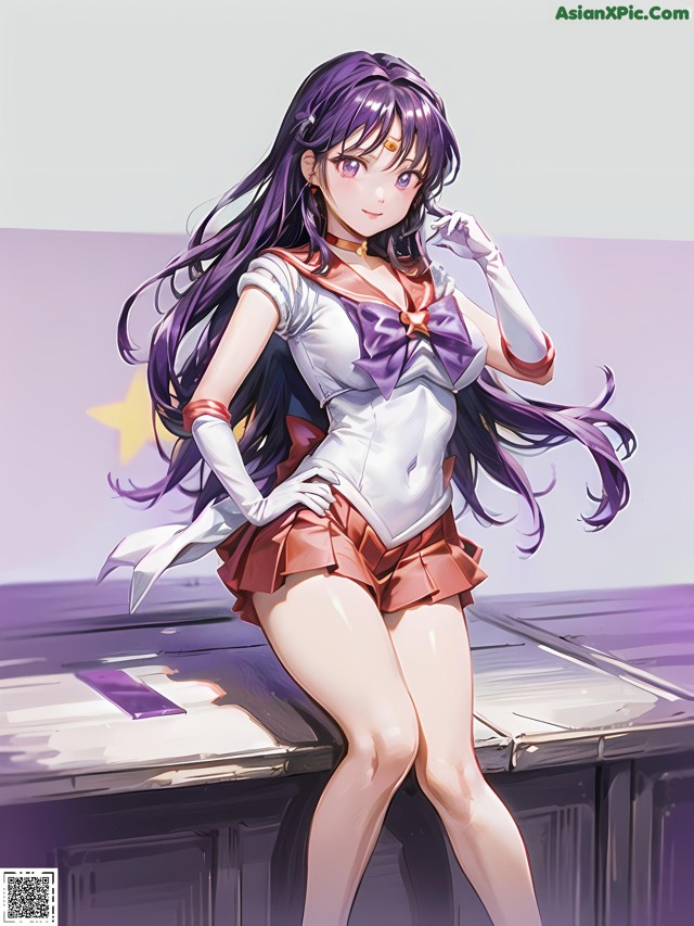 A girl with long purple hair sitting on top of a table.