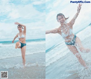 A woman in a bikini standing in a shower.