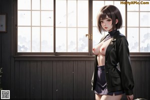 A nude anime girl looking out of a window.