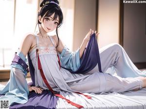 A woman in a kimono sitting on a bed.