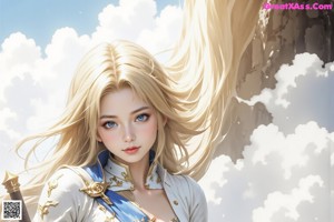A woman in a white and blue outfit holding a sword.