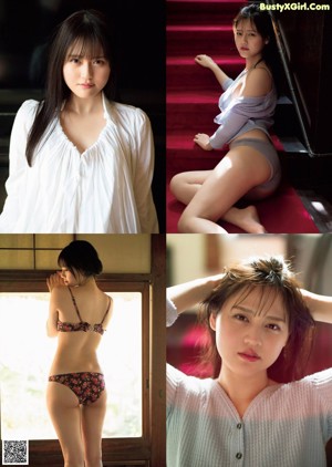 A woman in a red tank top sitting on a bed.