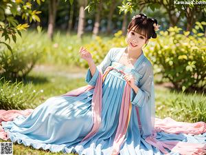 A woman in a blue and pink hanbok sitting on a rock.