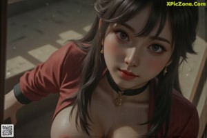 A woman in a detailed fantasy outfit with long hair and a forest background.