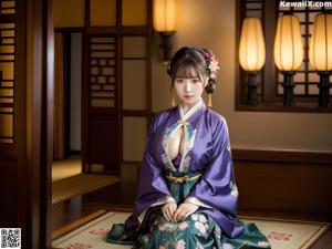 A woman in a green kimono sitting on a window sill.