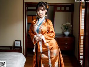 A woman in a blue robe posing for a picture.