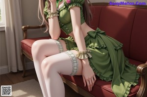 A woman in a green dress sitting on a couch.