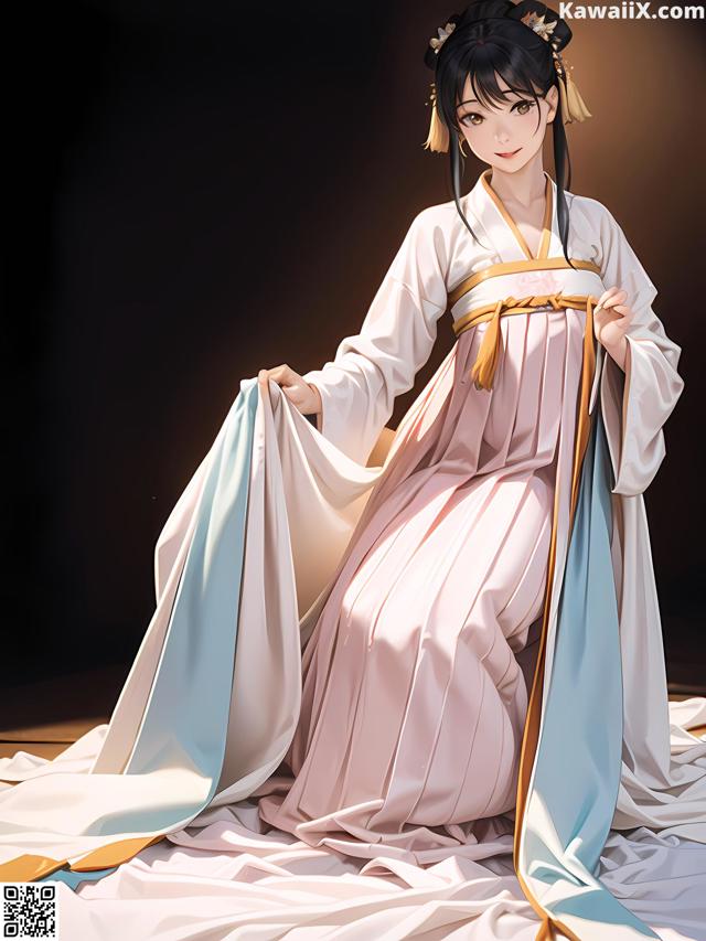 A woman in a pink and blue kimono sitting on a bed.