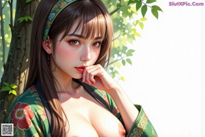 A woman in a red kimono standing in the woods.