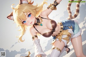 A woman in a white bikini with a cat ears on her head.