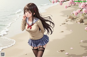 A woman standing on a beach next to the ocean.