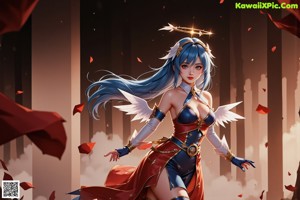 a woman with blue hair and a crown on her head