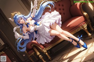 a sexy asian woman with blue hair and a crown on her head