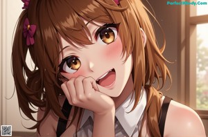 Anime girl with big tits sitting on a couch.