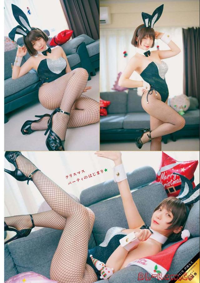 A woman in a bunny costume is posing on a couch.