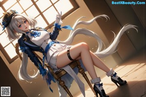 A woman in a blue and white outfit is posing for a picture.