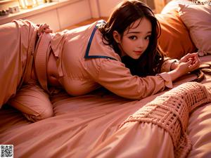 A naked asian woman sitting on a couch.