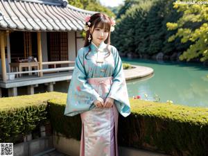 A woman in a blue and gold kimono sitting on a rock by the water.