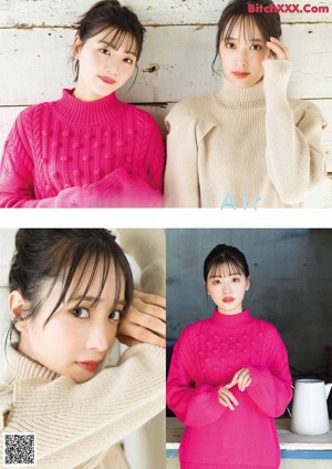 A woman in a pink sweater is looking at the camera.
