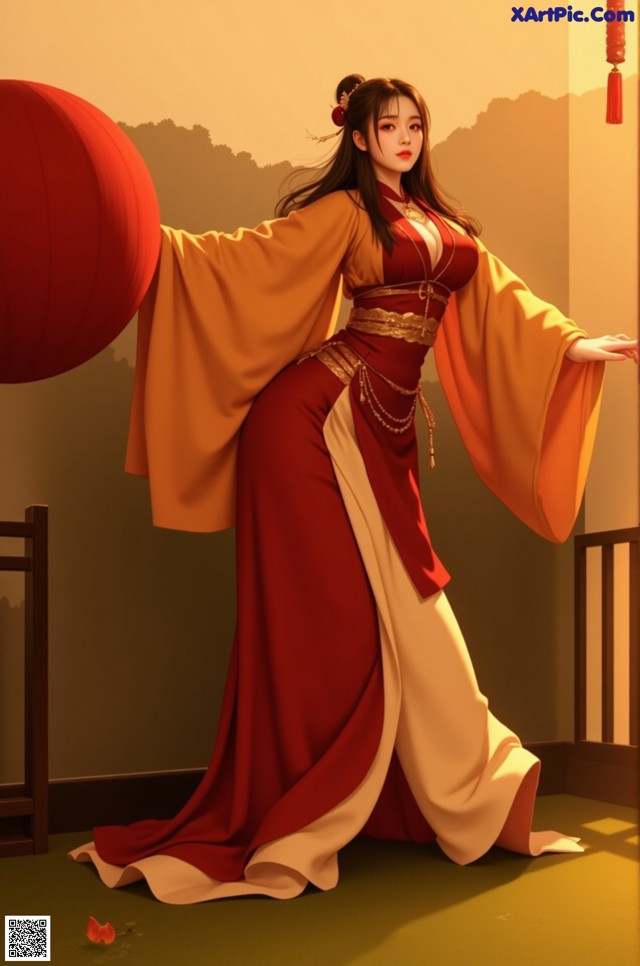 A woman in a red and yellow dress holding a red lantern.