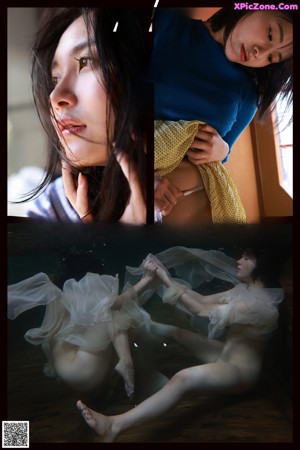 A woman in a blue sweater is putting on a white lingerie.