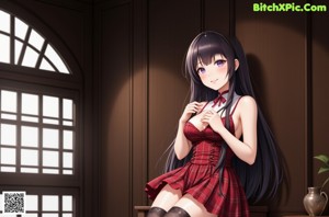 A naked anime girl with long black hair sitting on a bed.