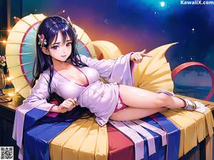 A woman in a kimono sitting on a bed in a room.