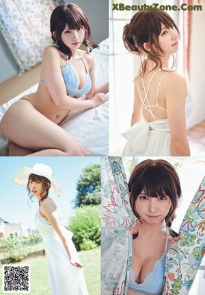 A collage of photos of a woman dressed in a white outfit.