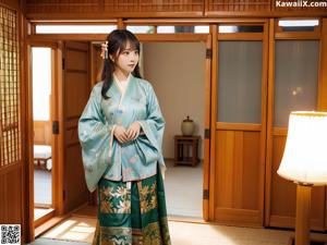 A woman in a green and orange hanbok posing for a picture.