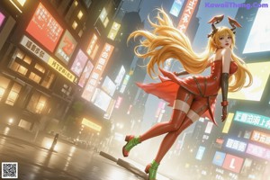 A woman in a red leather outfit standing in front of a city.