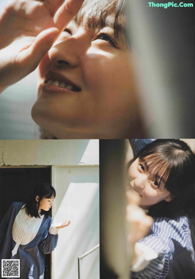 A collage of photos of a woman looking through a window.