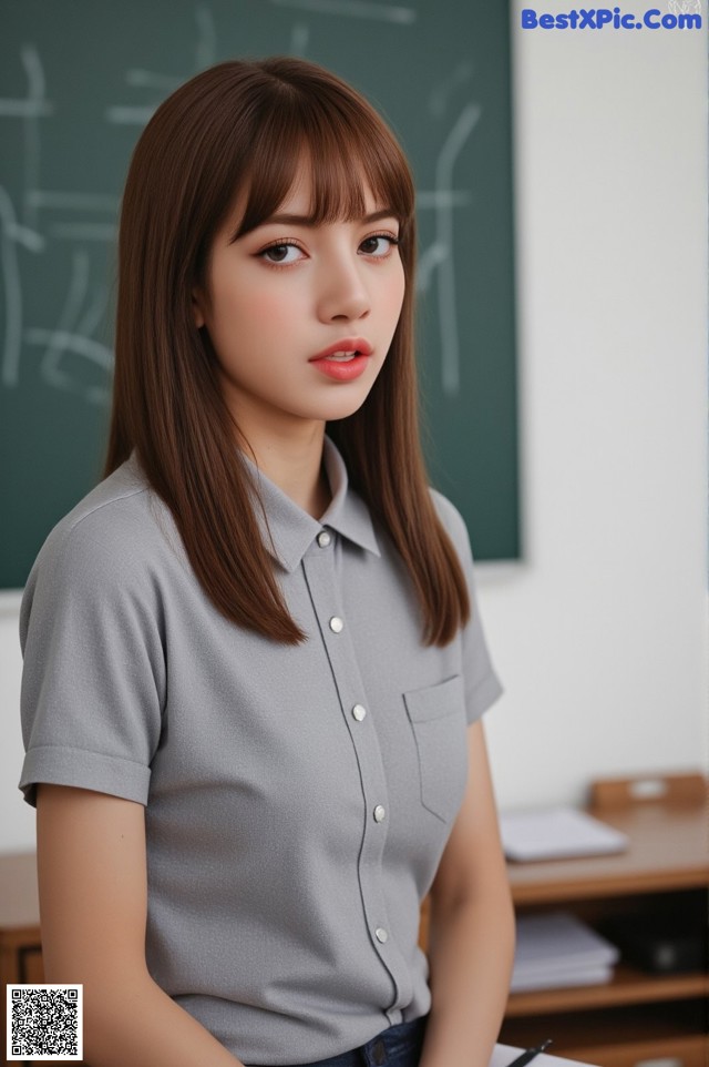 A woman standing in front of a blackboard in a classroom.